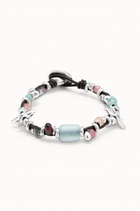 Pulsera de cuero bañada en plata de ley con cristales multicolor