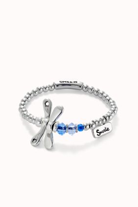 Pulsera elastica con libélula bañada en plata de ley con cristales azules