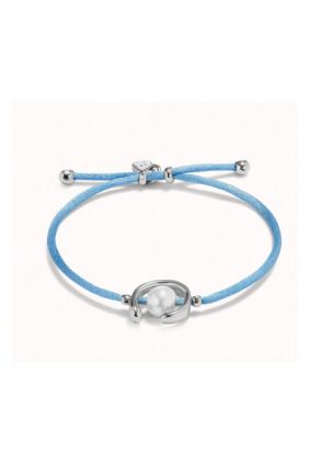 Pulsera de hilo azul con perla shell fornitura bañada en plata de ley.